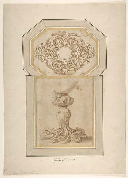 Design for a Sculptural Frame Decorated with Angel Heads, Volutes and Leaves (for a Ceiling ?); Design for a Base Decorated with Angel Heads, Volutes and Leaves, by Giulio Romano