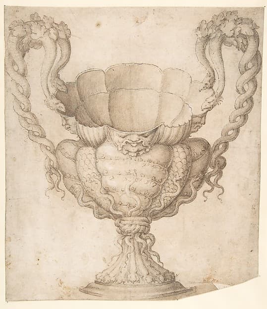 Design for a Decorated Drinking Cup with Floriated Heads around Large Mouth, Intertwined Serpents as Handles, by Giulio Romano