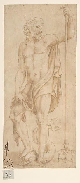 Neptune Holding a Trident and Standing on a Dolphin, by Giulio Romano