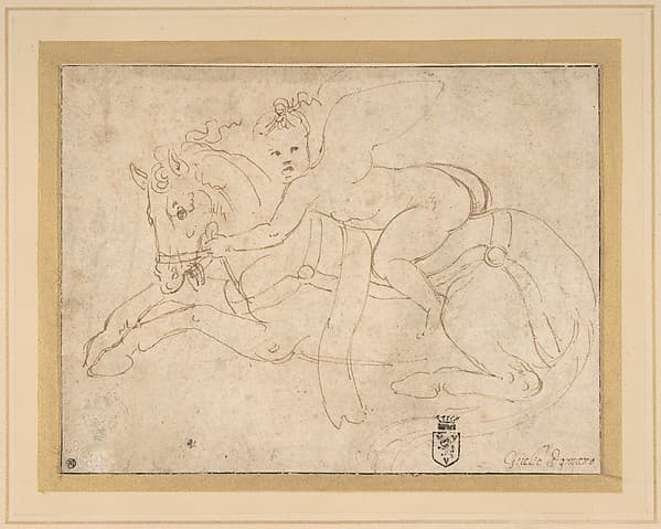 Winged Infant Riding a Crouching Horse, by Giulio Romano