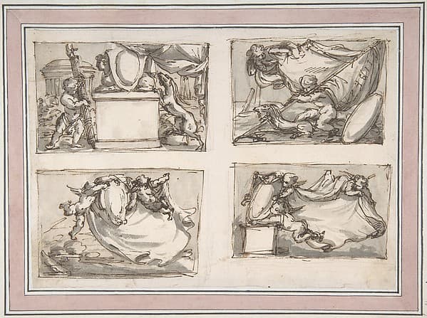 Four Sketches of Putti Hanging Coat of Arms, by Carlo Marchionni