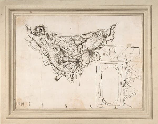 Study for Nude Male Figures Supporting a Frame and Plan of the Ceiling Decoration of Palazzo Altieri, Rome, by Carlo Maratti