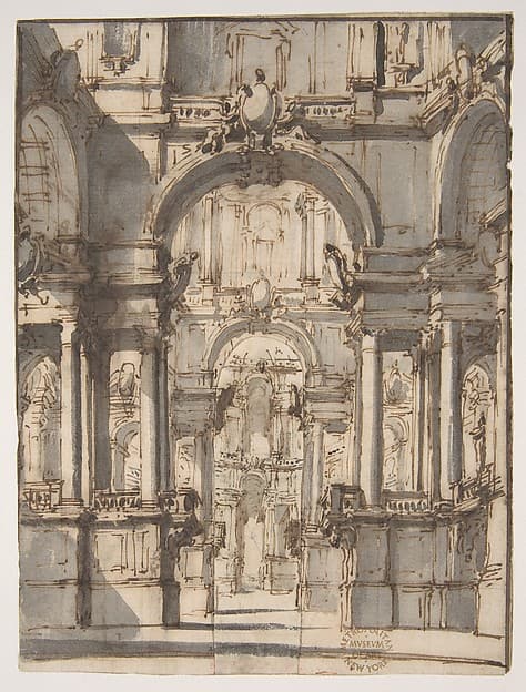Design for a Stage Set (recto); Fragmentary Sketch of a Stage Set in Elevation (verso), by Giovanni Battista Natali III