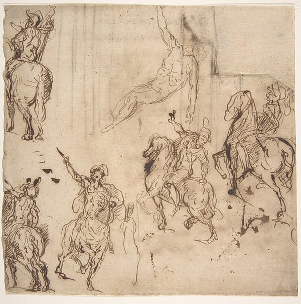 Studies of Horsemen and Study of a Figure for a Deposition (recto); Sketch for an Entablature (verso), by Jacopo Palma the Younger