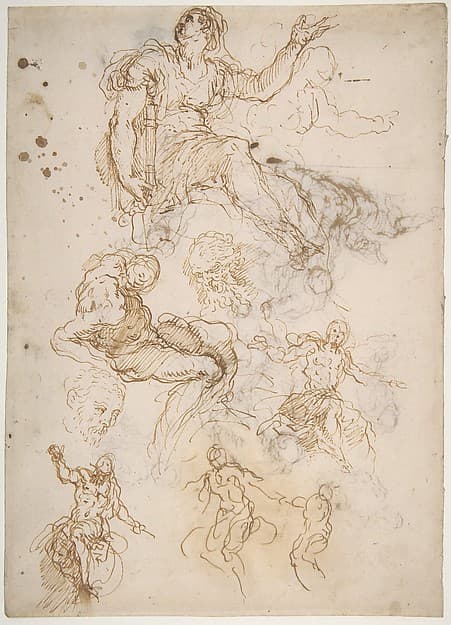 Figure Studies: Seated Female Holding a Book, Two Heads of Bearded Men, Seated Male Nude, and Four Sketches for Christ Judging (recto); Studies for Cain Slaying Abel (verso), by Jacopo Palma the Younger