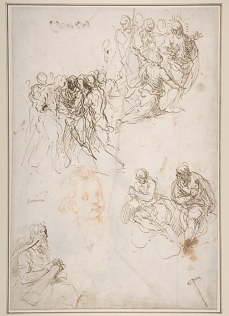 Figure Studies: The Arrest of Christ?, Christ and the Canaanite Woman, Seated Male Figures, and Head of a Child (recto); Studies of an Arm, and of the Heads of an Old Man and Young Woman (verso), by Jacopo Palma the Younger