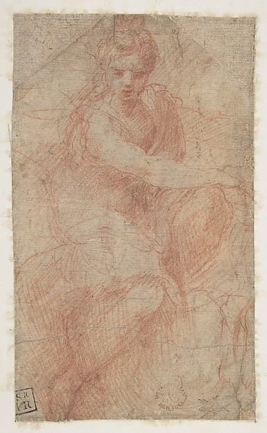 Seated Goddess Diana (recto); Studies of a Nude Male Torso Seen from the Rear, and a leg (verso), by Parmigianino (Girolamo Francesco Maria Mazzola)