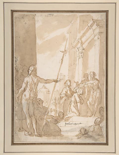 Unidentified subject: Standing Figure Placing a Scapular (?) on a Kneeling Figure, by Astolfo Petrazzi