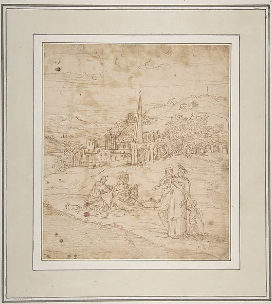 Standing and Seated Figures in a Landscape with an Obelisk, by Giovanni Battista Pittoni the Elder