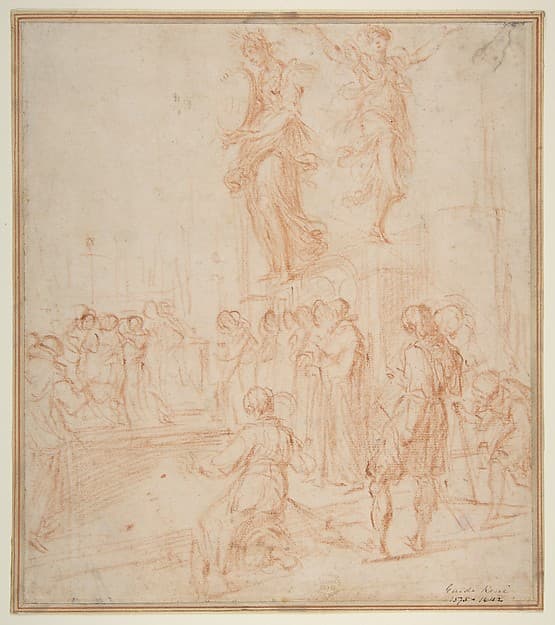 Figure Studies: Woman holding a Shield, a Dancing Female, and a Priest Supported at an Altar before a Group of Onlookers, by Bernardino Poccetti