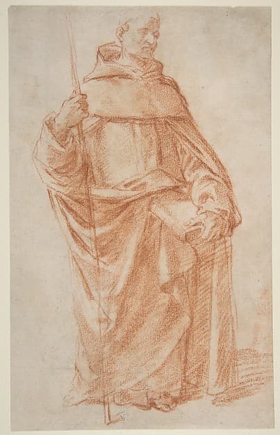 Standing Dominican or Servite Holding a Book and Staff (recto); Study of two warriors (verso), by Bernardino Poccetti