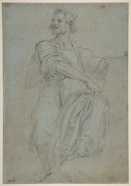 Seated Crowned Male Figure Holding a Book or Scroll (recto); Seated Nude Boy (verso), by Bernardino Poccetti