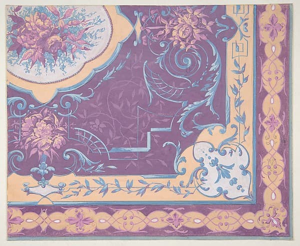 Wallpaper design featuring bouquets of roses, strapwork, and rinceaux, by Jules-Edmond-Charles Lachaise