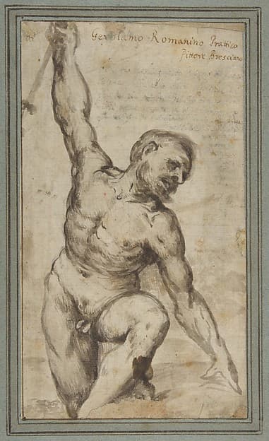 Nude Male Figure with Upraised Right Arm, by Girolamo Romanino