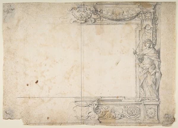 One Half of a Design for a Frame of a Stage Proscenium, with a Figure of Justice at the Right, and the Barberini Arms in a Cartouche at the Top, by Giovanni Francesco Romanelli