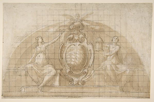 Design for a Lunette Decoration: Coat of Arms Flanked by Seated Allegorical Figures (recto and verso), by Pomarancio (Cristoforo Roncalli)