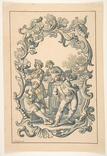 Three Musicians and Harlequin in an Ornamental Frame, by Georg Philipp Rugendas II