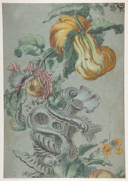 Ornamental Design with Fruit and Flowers (recto); Flower Stalk with Leaves (verso), by Alexis Peyrotte