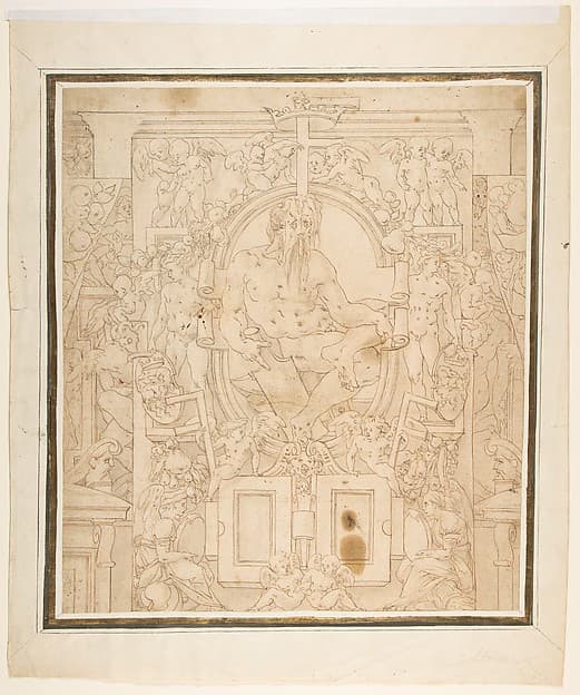 Design for a Wall Decoration with a River God and Putti carrying the Symbols of King François I, by Anonymous, French, School of Fontainebleau, 16th century