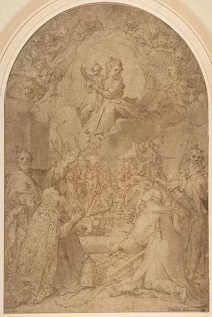 The Virgin and Child Appearing to Saint Peter, Saint Damasus, Saint Lawrence, and Saint Paul; the Martyrdom of Saint Lawrence in the Background, by Federico Zuccaro (Zuccari)