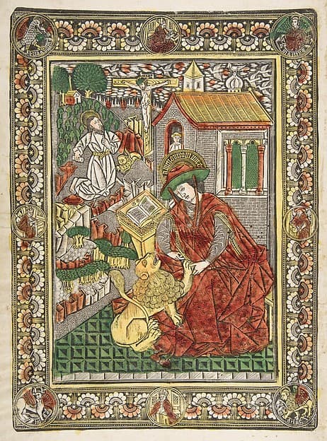 Saint Jerome in Penitence and as a Scholar Removing a Thorn from a Lion's Paw, by Master of the Church Fathers' Border