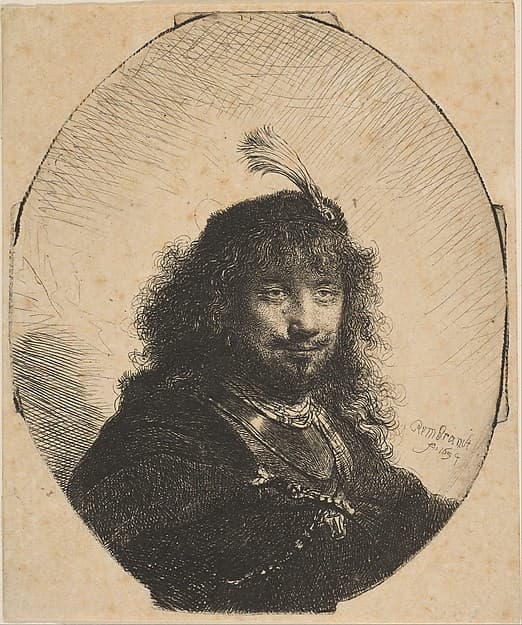 Self-Portrait with Plumed Cap and Lowered Sabre, by Rembrandt (Rembrandt van Rijn)