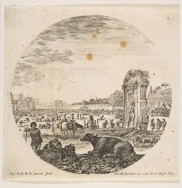 Campo Vaccino, a buffalo and two shepherds in center, the Fontanone to right in the middle ground, various animals and people in the background, plate 2 from "Roman landscapes and ruins" (Paysages et ruines de Rome), by Stefano della Bella