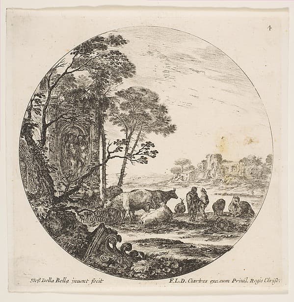 A Corinthian capital on the ground at left, a monument with figures in low relief at left in the middleground, various animals and two shepherds at right, plate 4 from "Roman landscapes and ruins" (Paysages et ruines de Rome), by Stefano della Bella