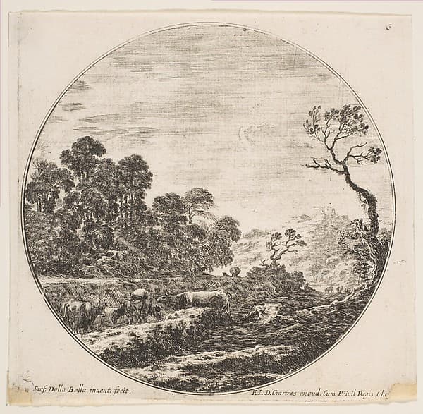 Cows crossing a valley at left, a horseman and other cows in the background, plate 6 from "Roman landscapes and ruins" (Paysages et ruines de Rome), by Stefano della Bella