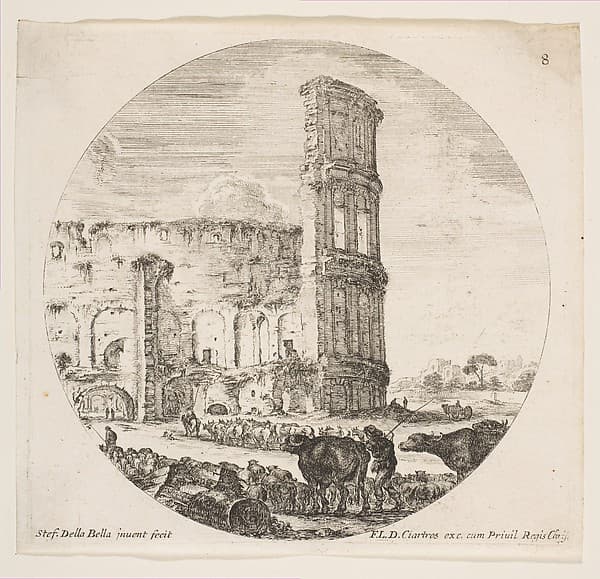 The Colosseum, two herds being directed towards the amphitheater in the foreground, plate 8 from "Roman landscapes and ruins" (Paysages et ruines de Rome), by Stefano della Bella