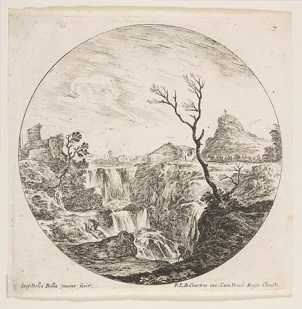 A triple waterfall, a dead tree at right, a mountain and a herd of cows in the background at right, plate 7 from "Roman landscapes and ruins" (Paysages et ruines de Rome), by Stefano della Bella