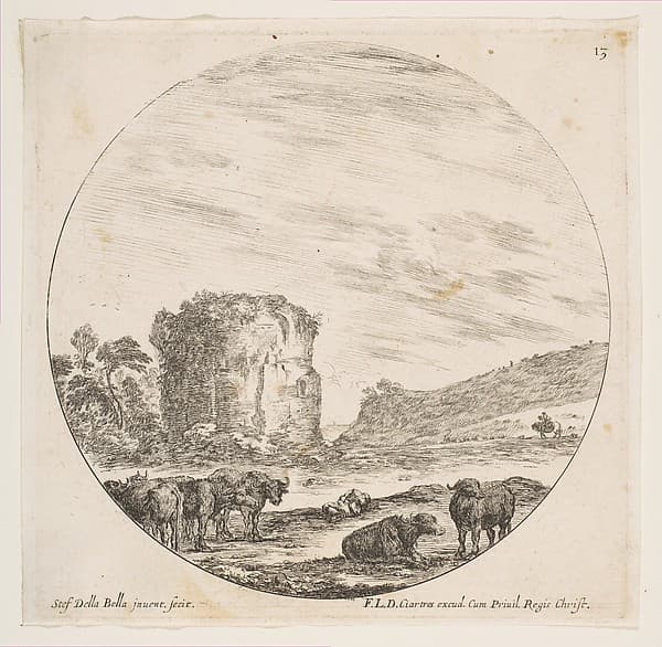 Ruins of a temple in a Roman landscape, plate 13 from "Roman landscapes and ruins" (Paysages et ruines de Rome), by Stefano della Bella
