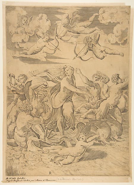 Galatea riding in a shell pulled through the water by dolphins, a cupid below and four more above, at left a triton embracing a nymph and behind them a man on horseback blowing a conch, at right a figure blowing a horn and behind him a nymph riding on a centaur, by Marco Dente