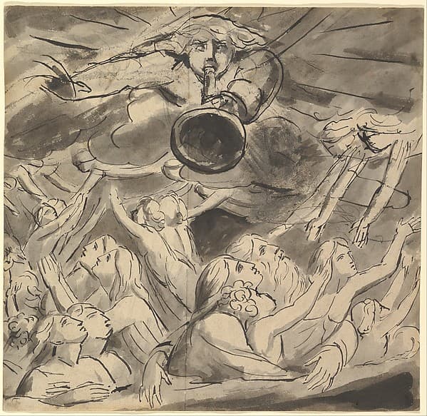 The Last Trumpet (recto); Two studies of a right eye, a profile of an open-mouthed young man, the head of an eagle, and the head of a lion (verso), by William Blake