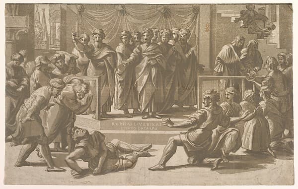 The death of Ananias, surrounded by Apostles, by Ugo da Carpi