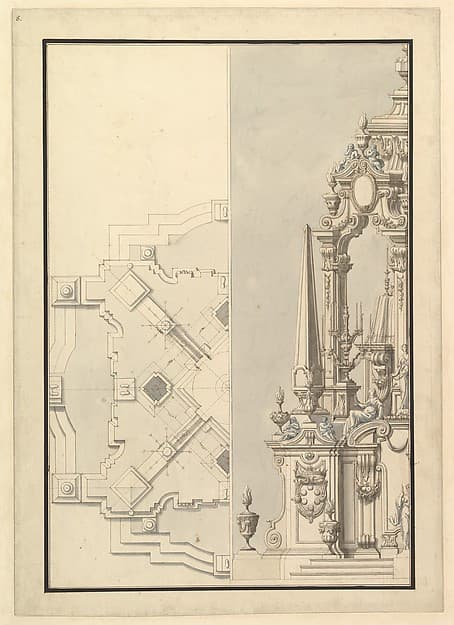 Half Ground Plan and Half Elevation of a Catafalque for Cosimo III dei Medici, Grand Duke of Tuscany (1642–1723), by Giuseppe Galli Bibiena