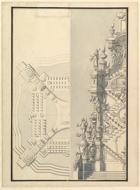 Half Elevation and Half Ground Plan for a Catafalque, by Giuseppe Galli Bibiena