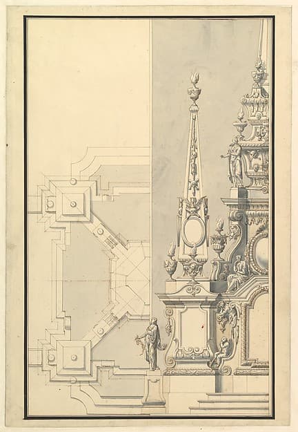 Half Ground Plan and Half Elevation for a Catafalque for a Prince of Hanover, probably Ernst August (1674–1728), by Giuseppe Galli Bibiena