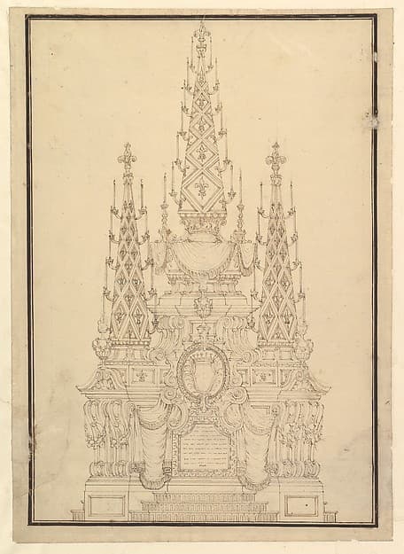 Elevation of a Catafalque, Three Obelisks with Fleur-de-lys and Candles, by Giuseppe Galli Bibiena