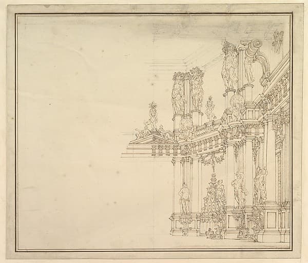 Design for a Stage Set: Palace Hall with Columns and Statues, by Giuseppe Galli Bibiena