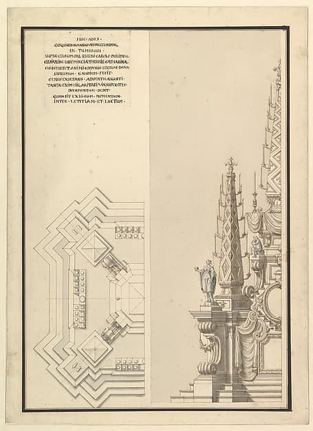 Design for Half Elevation and Half Ground Plan of a Catafalque for Countess Palatine of the Rhine, Theresia Catharine, wife of Count Palatine, Charles Philip III (1716–1742), by Giuseppe Galli Bibiena
