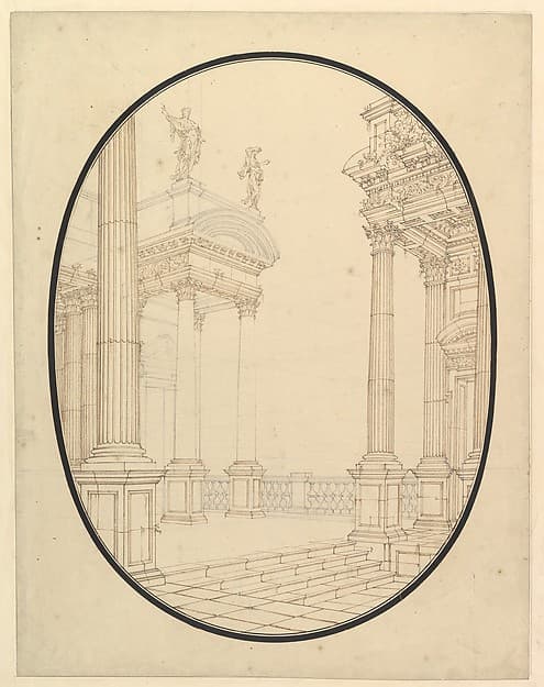 Architectural Perspective, in an Oval: Porch of a Palace with Corinthian Columns, by Ferdinando Galli Bibiena