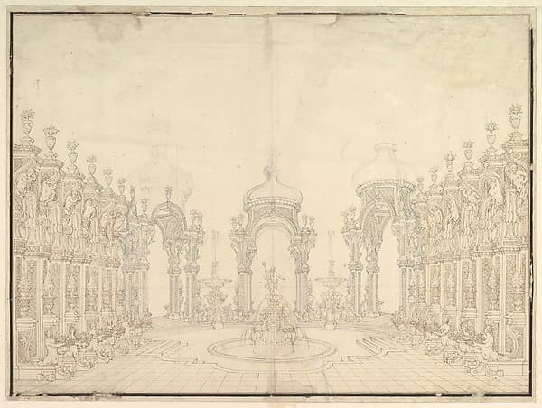 Designs for Stage Set: Three Pavillions in Background with "Oriental" (Ogival) Cupolas with Two Small Fountains between Them; in Foreground, a large Fountain with Dolphins Surmounted by Neptune, by Giuseppe Galli Bibiena