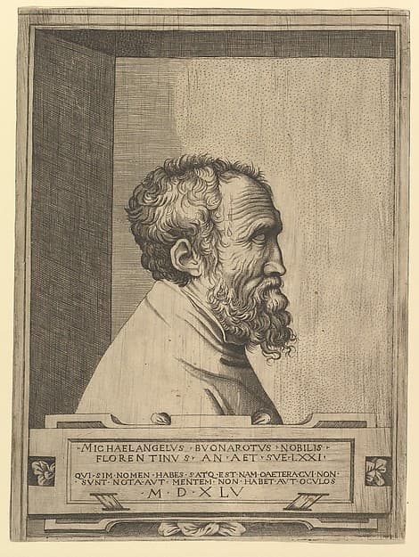 Portrait of Michelangelo in profile facing right set within a recess, by Enea Vico
