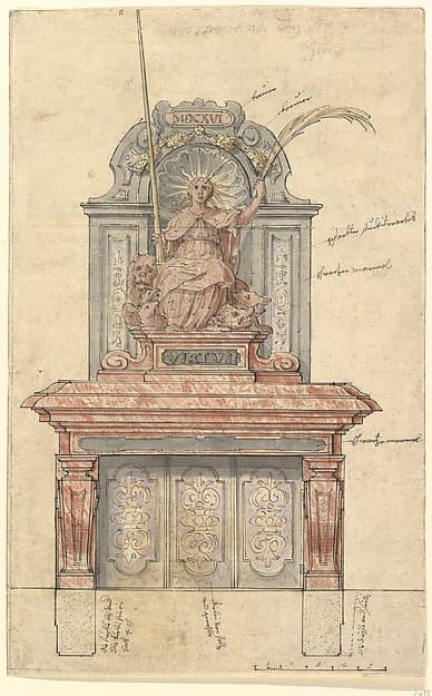 Design for a Chimneypiece with a Personification of Virtue, by Anonymous, German, 17th century