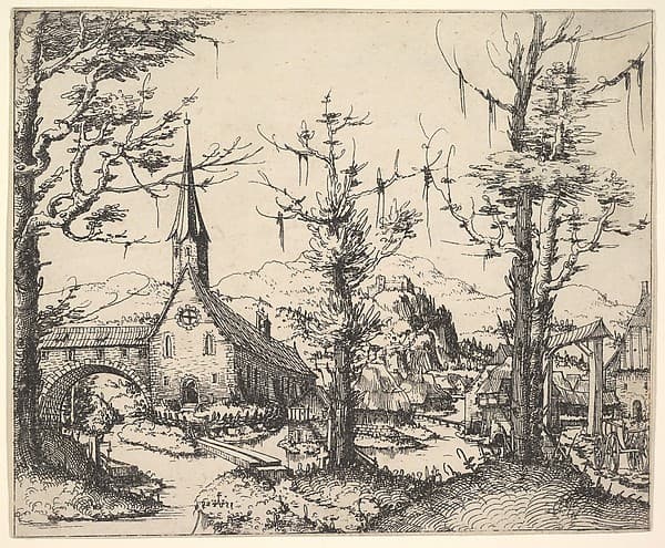 Landscape with Four Trees and a Church at Right (counterproof), by Augustin Hirschvogel