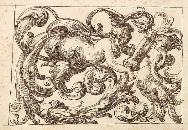 Horizontal Panel Design with a Man, a Snake and a Female Fantastical Creatures Interspersed between Acanthus Rinceaux, by Anonymous, Italian, Venetian, 17th century