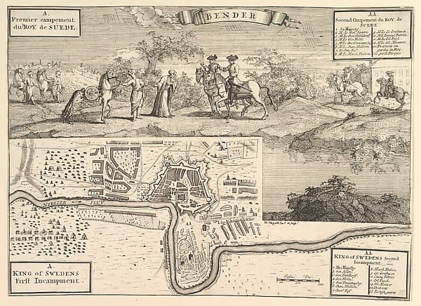 Charles XII at Bender (Aubry de La Mottraye's "Travels throughout Europe, Asia and into Part of Africa...," London, 1724, vol. II, pl. 30), by William Hogarth