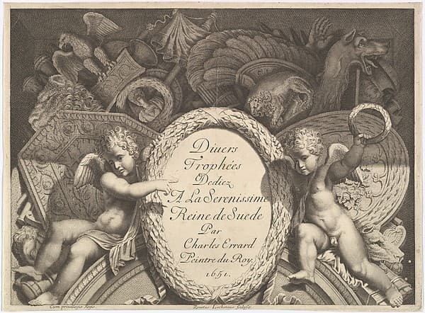 Title page of "Divers Trophées" (Weapon Trophies after the Façade of Palazzo Milesi in Rome), by Polidoro da Caravaggio