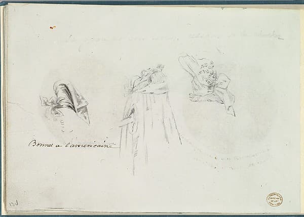 Three Costume Sketches of a Bonnet, a Cloak, and a Hat, by Anonymous, French, 18th century
